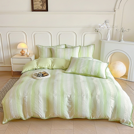 91家纺网 家纺一手货源 找家纺 木子家纺 2025新款水洗棉贝壳边四件套-锦绣前程系列 竹月绿