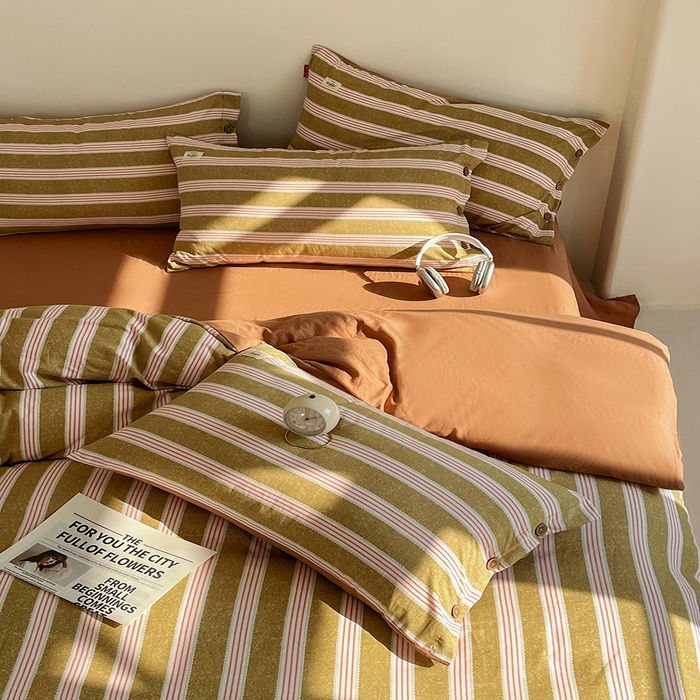 91家纺网 家纺一手货源 找家纺 睡美美 2025新款加厚色织水洗棉印染条纹四件套 栗子茶棕