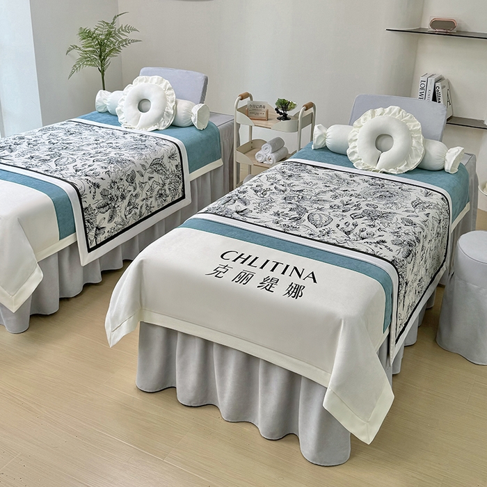 91家纺网 家纺一手货源 找家纺 不打烊家纺 2025新款贡棉美 容床罩印花款-梦之语（支持logo定制）梦之语绿色拼灰色