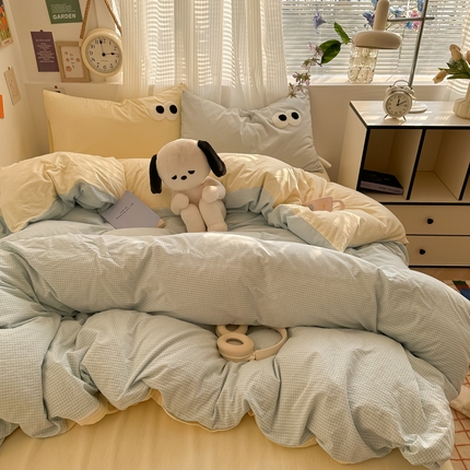 91家纺网 家纺一手货源 找家纺 （总）悦织湾家纺 2025新款水洗棉纯色亲肤棉AB版大眼睛四件套轻奢时尚学生宿舍单双人床上用品四件套