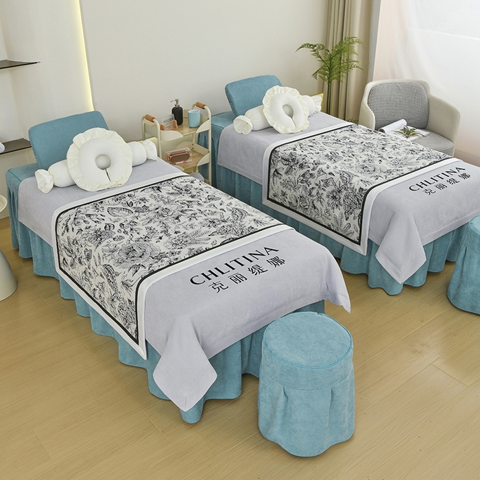 91家纺网 家纺一手货源 找家纺 不打烊家纺 2025新款贡棉美 容床罩印花款-花千城（支持logo定制）花千城灰色拼绿色