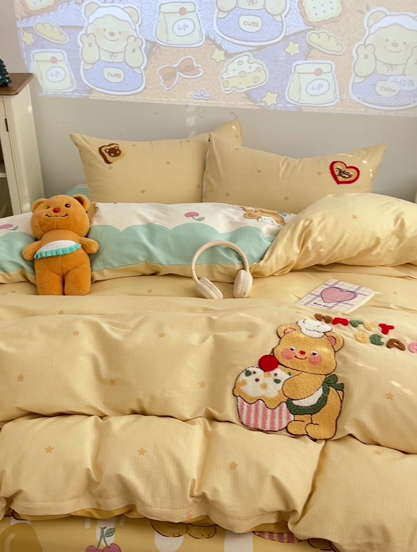 91家纺网 家纺一手货源 找家纺 （总）新款13370纯棉毛巾绣呆萌系列四件套