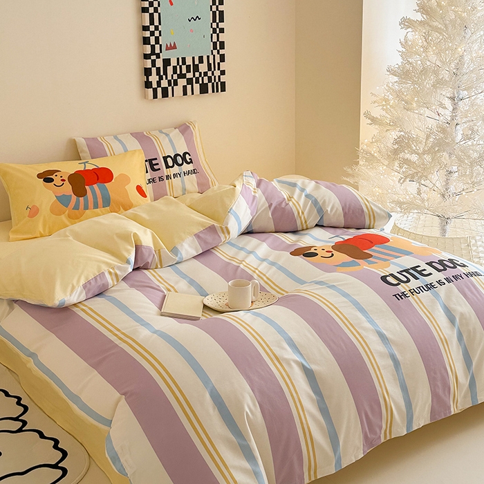 91家纺网 家纺一手货源 找家纺 典曼家纺 2025新款 AB版活性印花四件套 可爱小狗（紫）