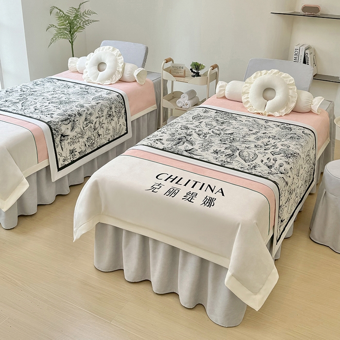 91家纺网 家纺一手货源 找家纺 不打烊家纺 2025新款贡棉美 容床罩印花款-梦之语（支持logo定制）梦之语玉色拼灰色