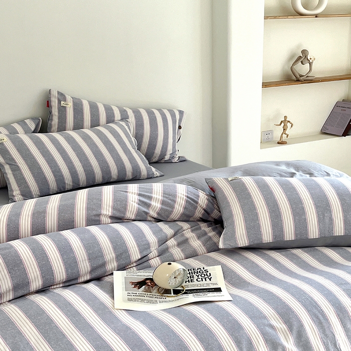 91家纺网 家纺一手货源 找家纺 睡美美 2025新款加厚色织水洗棉印染条纹四件套 蓝灰条纹