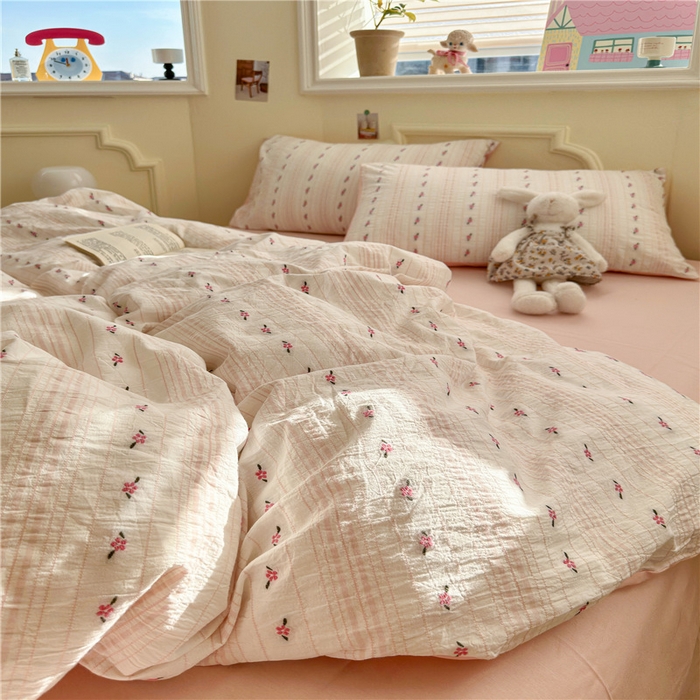 91家纺网 家纺一手货源 找家纺 琪格格纺织 2025新款美式田园色织提花系列四件套 新小花园-粉