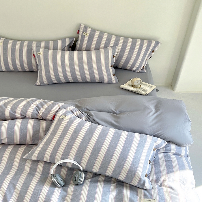 91家纺网 家纺一手货源 找家纺 睡美美 2025新款加厚色织水洗棉印染条纹四件套 蓝灰条纹