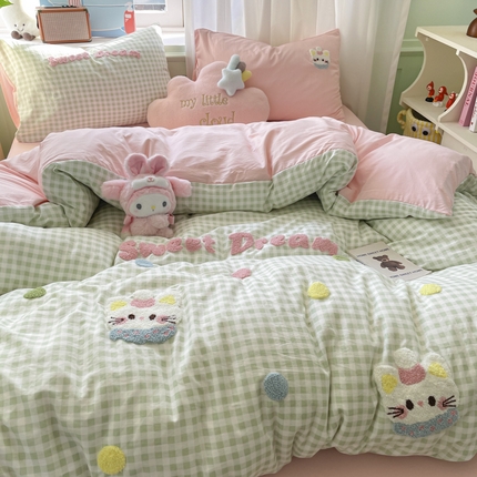 雨帆家纺 2025新款水洗棉毛巾绣四件套 波点猫绿格