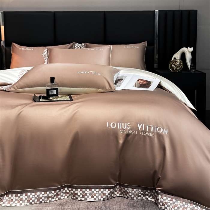 91家纺网 家纺一手货源 找家纺 瑞驰家纺 2025新款长绒棉绣花棋盘格系列四件套 棋盘格-中咖