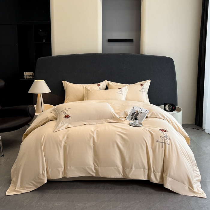 91家纺网 家纺一手货源 找家纺 新方向 2025新款全棉长绒棉刺绣四件套-梅琳娜 梅琳娜-香槟