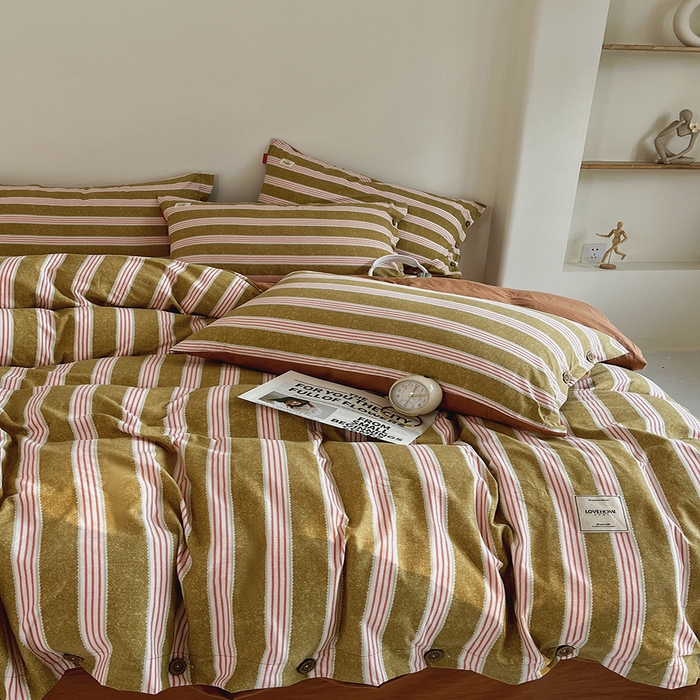 91家纺网 家纺一手货源 找家纺 睡美美 2025新款加厚色织水洗棉印染条纹四件套 栗子茶棕