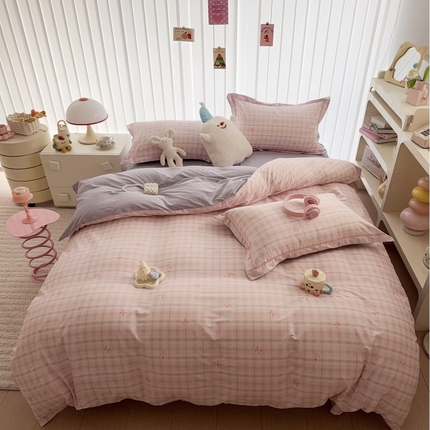 于果 2025新款全棉13370四件套 格子蝴蝶结