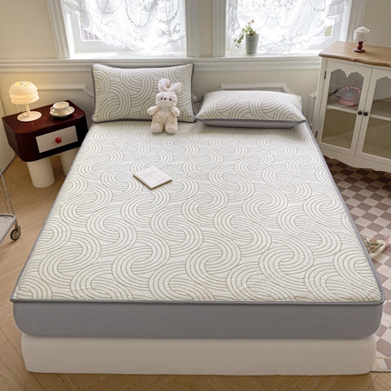 91家纺网 家纺一手货源 找家纺 迪梦思家纺  2025新款针织棉提花防水床笠 环带纹-豆绿