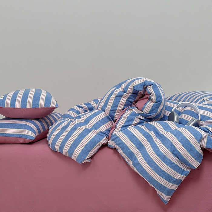 91家纺网 家纺一手货源 找家纺 睡美美 2025新款加厚色织水洗棉印染条纹四件套 芋泥啵啵