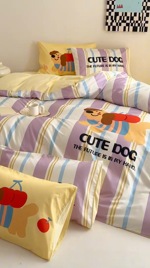 91家纺网 家纺一手货源 找家纺 典曼家纺 2025新款 AB版活性印花四件套 可爱小狗（紫）