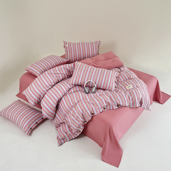 91家纺网 家纺一手货源 找家纺 睡美美 2025新款加厚色织水洗棉印染条纹四件套 加州树莓