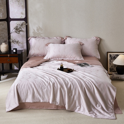 鸣升家纺 2025新款莱赛尔兰精天丝棉色织大提花大豆夏凉被四件套 芙尼-粉