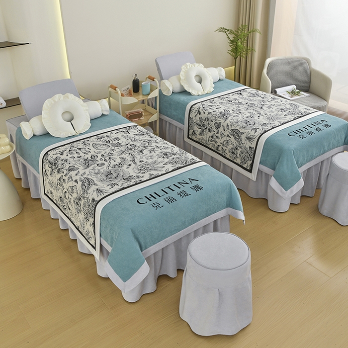 91家纺网 家纺一手货源 找家纺 不打烊家纺 2025新款贡棉美 容床罩印花款-花千城（支持logo定制） 花千城绿色拼灰色