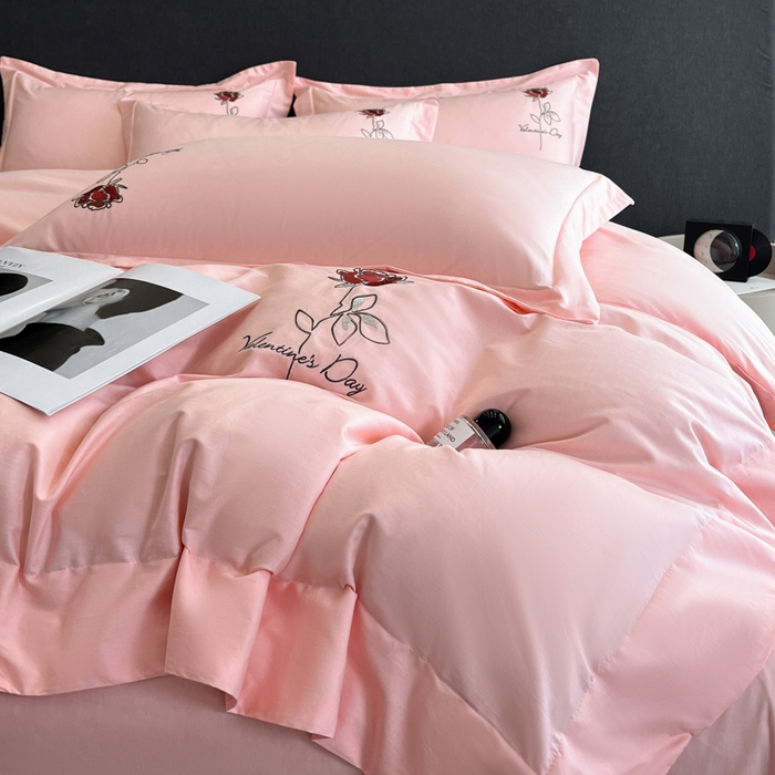 91家纺网 家纺一手货源 找家纺 新方向 2025新款全棉长绒棉刺绣四件套-梅琳娜 梅琳娜-桃粉