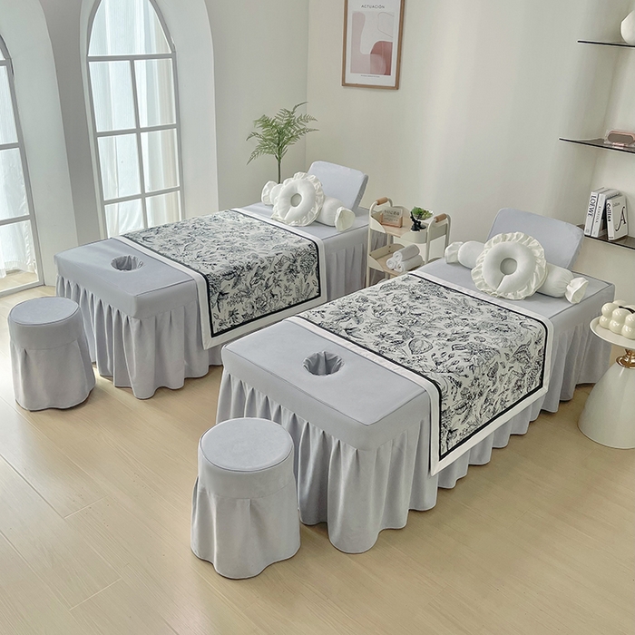 91家纺网 家纺一手货源 找家纺 不打烊家纺 2025新款贡棉美 容床罩印花款-梦之语（支持logo定制）梦之语玉色拼灰色