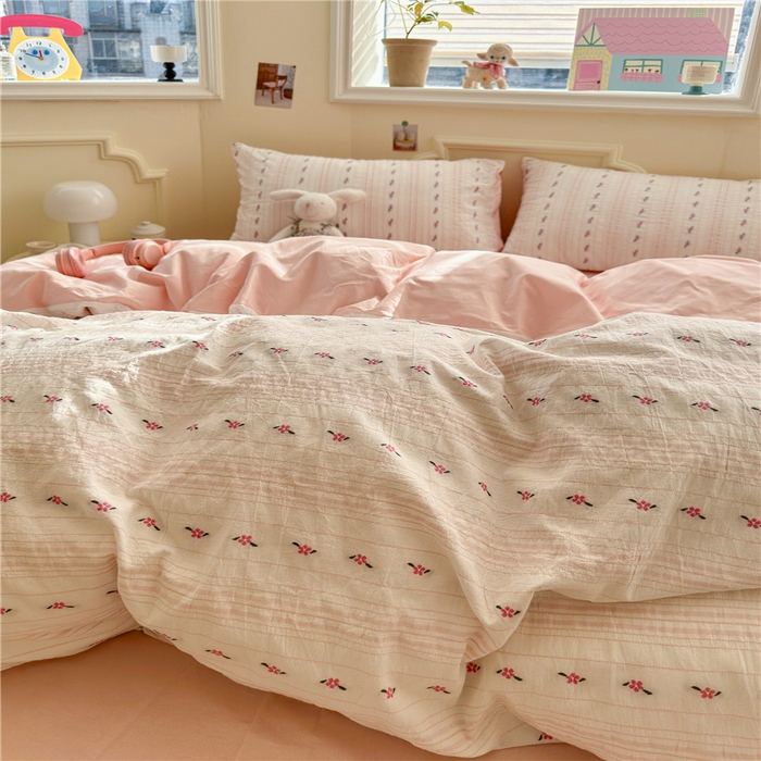 91家纺网 家纺一手货源 找家纺 琪格格纺织 2025新款美式田园色织提花系列四件套 新小花园-粉