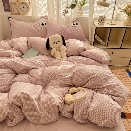 91家纺网 家纺一手货源 找家纺 （总）悦织湾家纺 2025新款水洗棉纯色亲肤棉AB版大眼睛四件套轻奢时尚学生宿舍单双人床上用品四件套