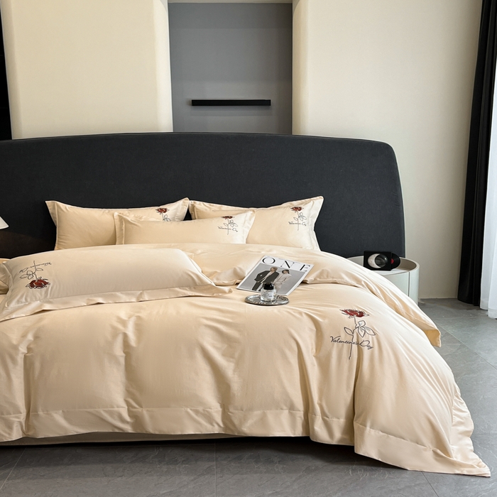 91家纺网 家纺一手货源 找家纺 新方向 2025新款全棉长绒棉刺绣四件套-梅琳娜 梅琳娜-香槟