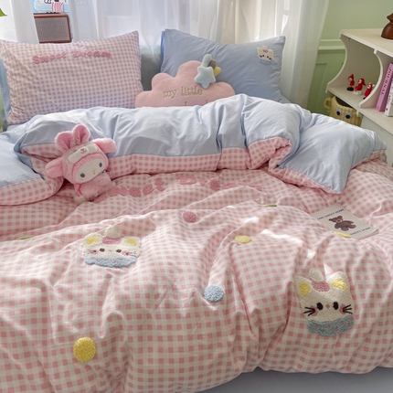 雨帆家纺 2025新款水洗棉毛巾绣四件套 波点猫粉格