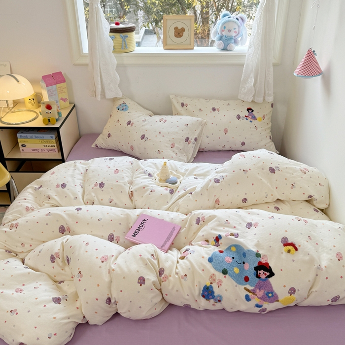 91家纺网 家纺一手货源 找家纺 澳萝拉2025春夏新款全棉纯棉双层纱毛巾绣四件套 魔法森林