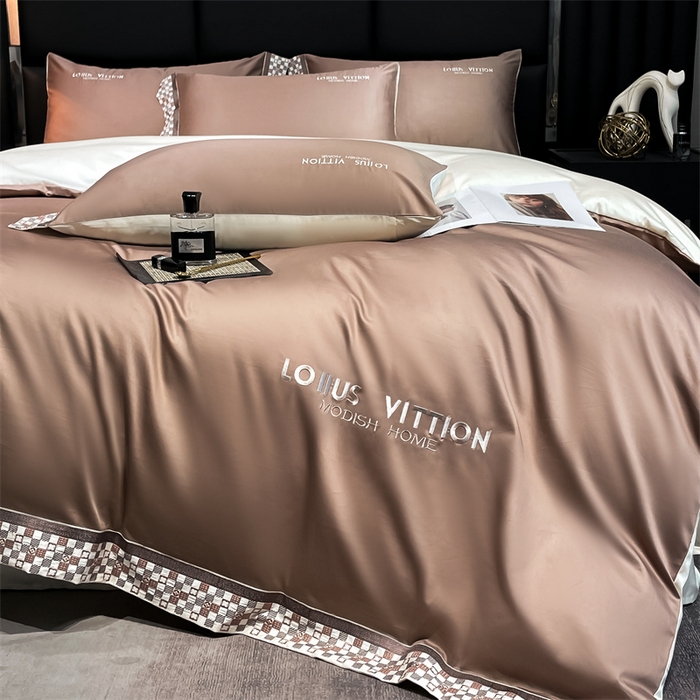 91家纺网 家纺一手货源 找家纺 瑞驰家纺 2025新款长绒棉绣花棋盘格系列四件套 棋盘格-中咖