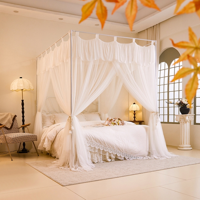 91家纺网 家纺一手货源 找家纺 都市缘蚊帐 2025新款A200双层纱落地宫廷蚊帐烤漆支架 梦幻白