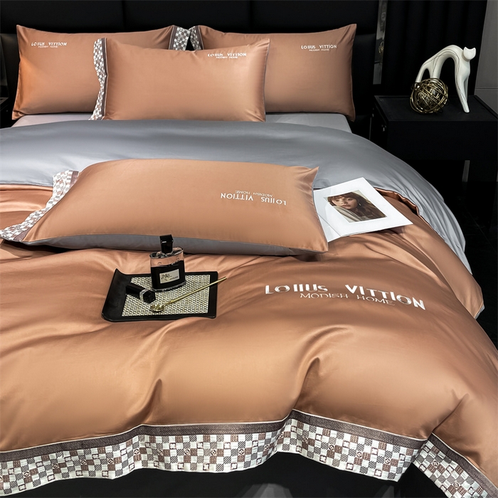 91家纺网 家纺一手货源 找家纺 瑞驰家纺 2025新款长绒棉绣花棋盘格系列四件套 棋盘格-摩卡橙