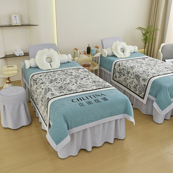 91家纺网 家纺一手货源 找家纺 不打烊家纺 2025新款贡棉美 容床罩印花款-花千城（支持logo定制） 花千城绿色拼灰色