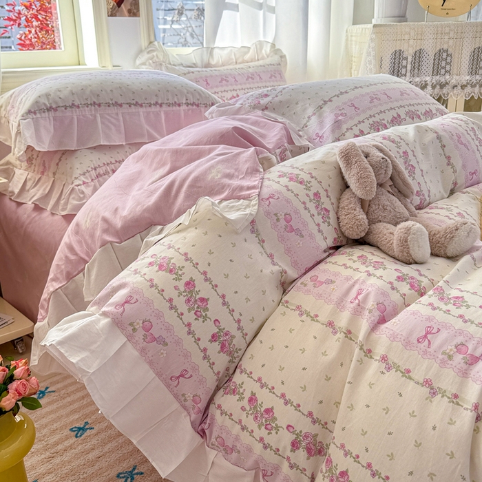 91家纺网 家纺一手货源 找家纺 2025沐辰家居-新款全棉13070全棉花边款套件 花边款-清雅粉