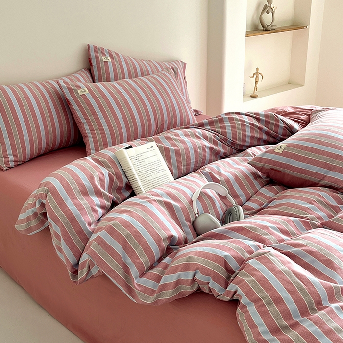 91家纺网 家纺一手货源 找家纺 睡美美 2025新款加厚色织水洗棉印染条纹四件套 加州树莓