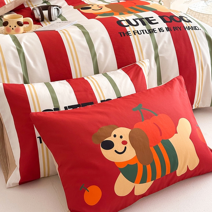 91家纺网 家纺一手货源 找家纺 典曼家纺 2025新款 AB版活性印花四件套 可爱小狗（红）