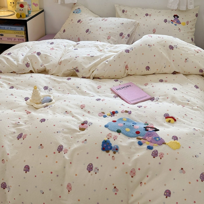 91家纺网 家纺一手货源 找家纺 澳萝拉2025春夏新款全棉纯棉双层纱毛巾绣四件套 魔法森林