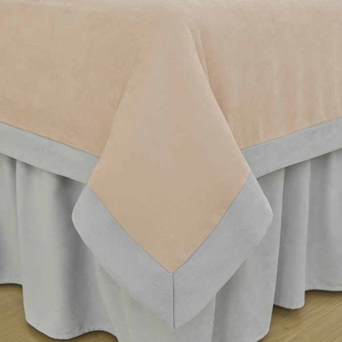 91家纺网 家纺一手货源 找家纺 不打烊家纺 2025新款贡棉美 容床罩印花款-花千城（支持logo定制）  花千城卡其色拼灰色