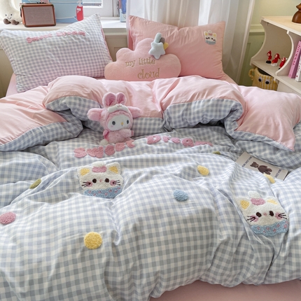 雨帆家纺 2025新款水洗棉毛巾绣四件套 波点猫蓝格