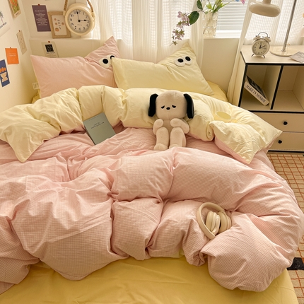 91家纺网 家纺一手货源 找家纺 （总）悦织湾家纺 2025新款水洗棉纯色亲肤棉AB版大眼睛四件套轻奢时尚学生宿舍单双人床上用品四件套