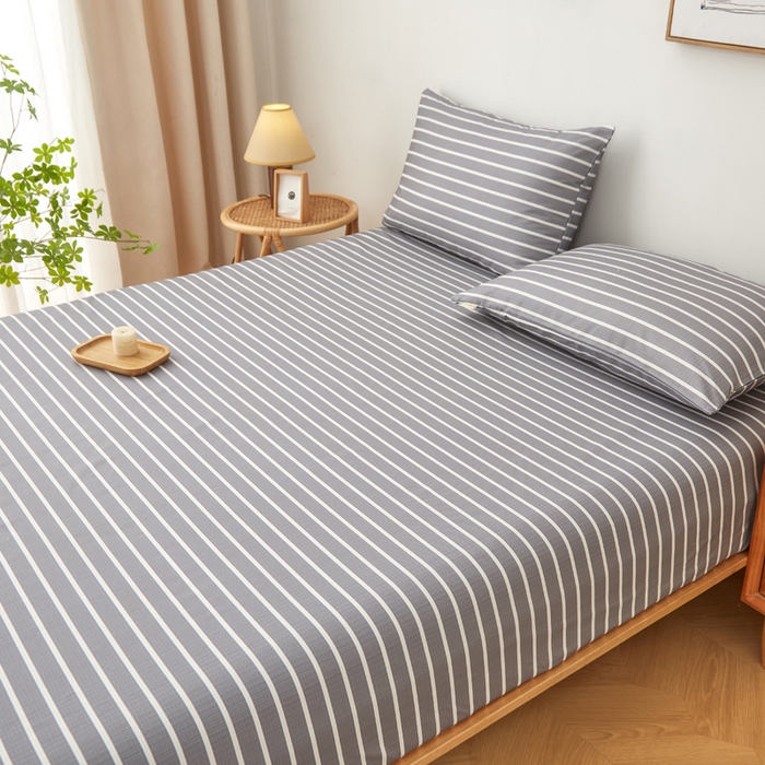 91家纺网 家纺一手货源 找家纺 慕梵家居 2025新款全棉老粗布床笠系列 全棉老粗布-宽条灰