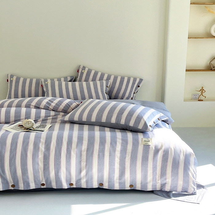 91家纺网 家纺一手货源 找家纺 睡美美 2025新款加厚色织水洗棉印染条纹四件套 蓝灰条纹