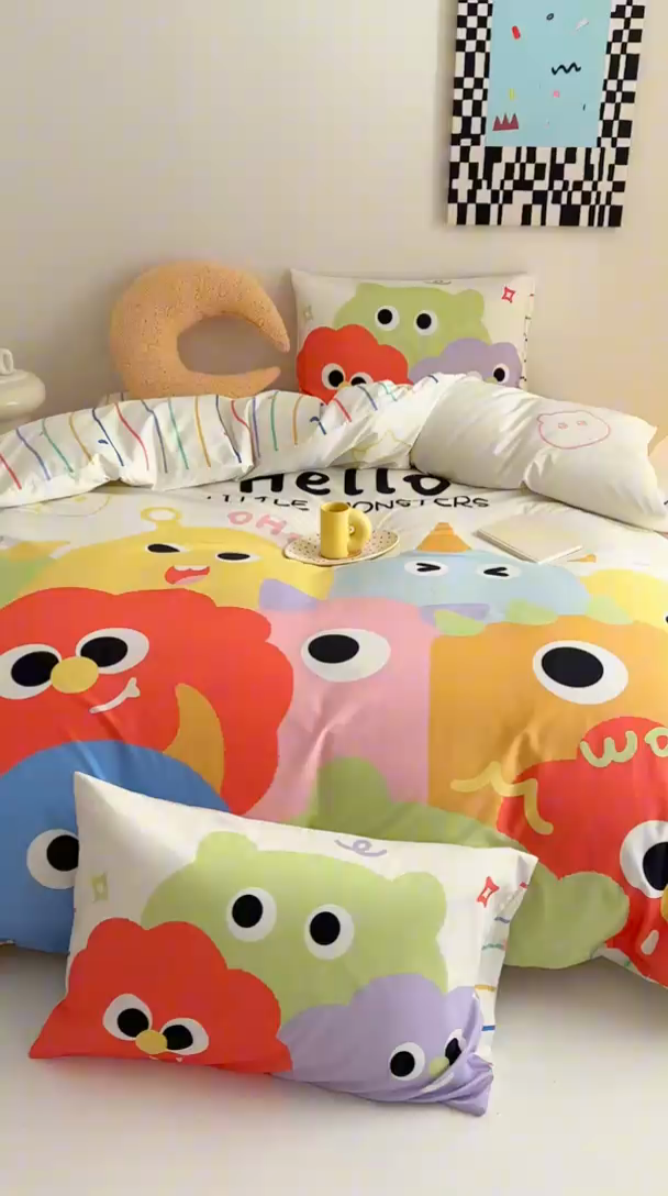 91家纺网 家纺一手货源 找家纺 典曼家纺 2025新款 AB版活性印花四件套 呆萌小怪兽