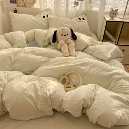 91家纺网 家纺一手货源 找家纺 （总）悦织湾家纺 2025新款水洗棉纯色亲肤棉AB版大眼睛四件套轻奢时尚学生宿舍单双人床上用品四件套