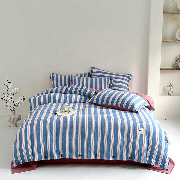 91家纺网 家纺一手货源 找家纺 睡美美 2025新款加厚色织水洗棉印染条纹四件套 芋泥啵啵