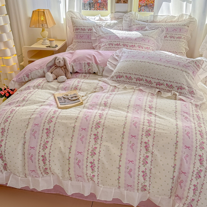 91家纺网 家纺一手货源 找家纺 2025沐辰家居-新款全棉13070全棉花边款套件 花边款-清雅粉