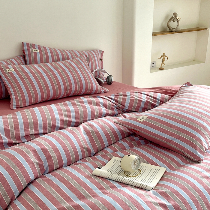 91家纺网 家纺一手货源 找家纺 睡美美 2025新款加厚色织水洗棉印染条纹四件套 加州树莓