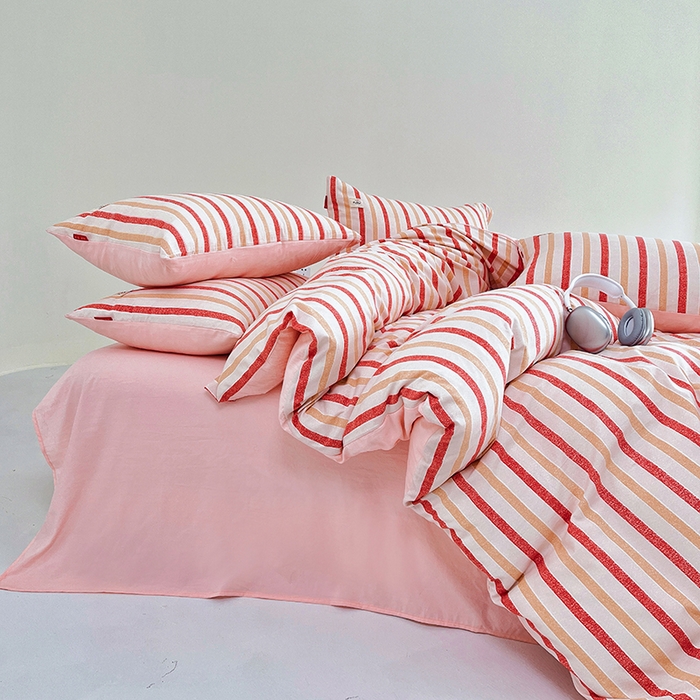 91家纺网 家纺一手货源 找家纺 睡美美 2025新款加厚色织水洗棉印染条纹四件套 香草嫩粉