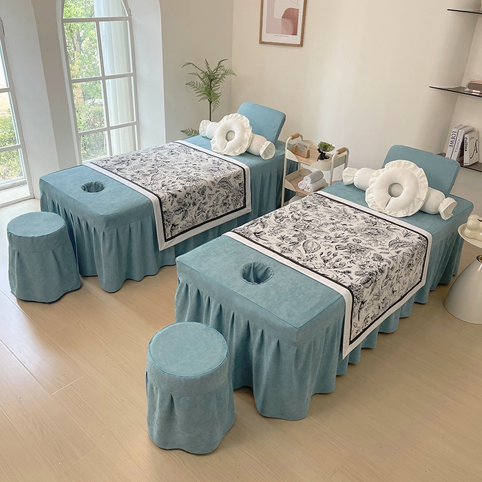 91家纺网 家纺一手货源 找家纺 不打烊家纺 2025新款贡棉美 容床罩印花款-梦之语（支持logo定制）梦之语灰色拼绿色