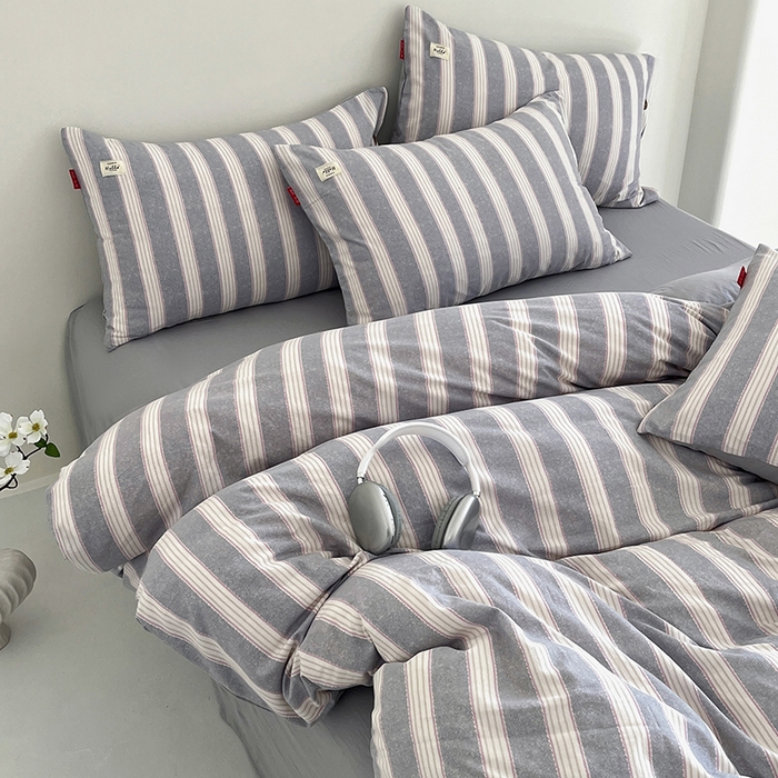 91家纺网 家纺一手货源 找家纺 睡美美 2025新款加厚色织水洗棉印染条纹四件套 蓝灰条纹